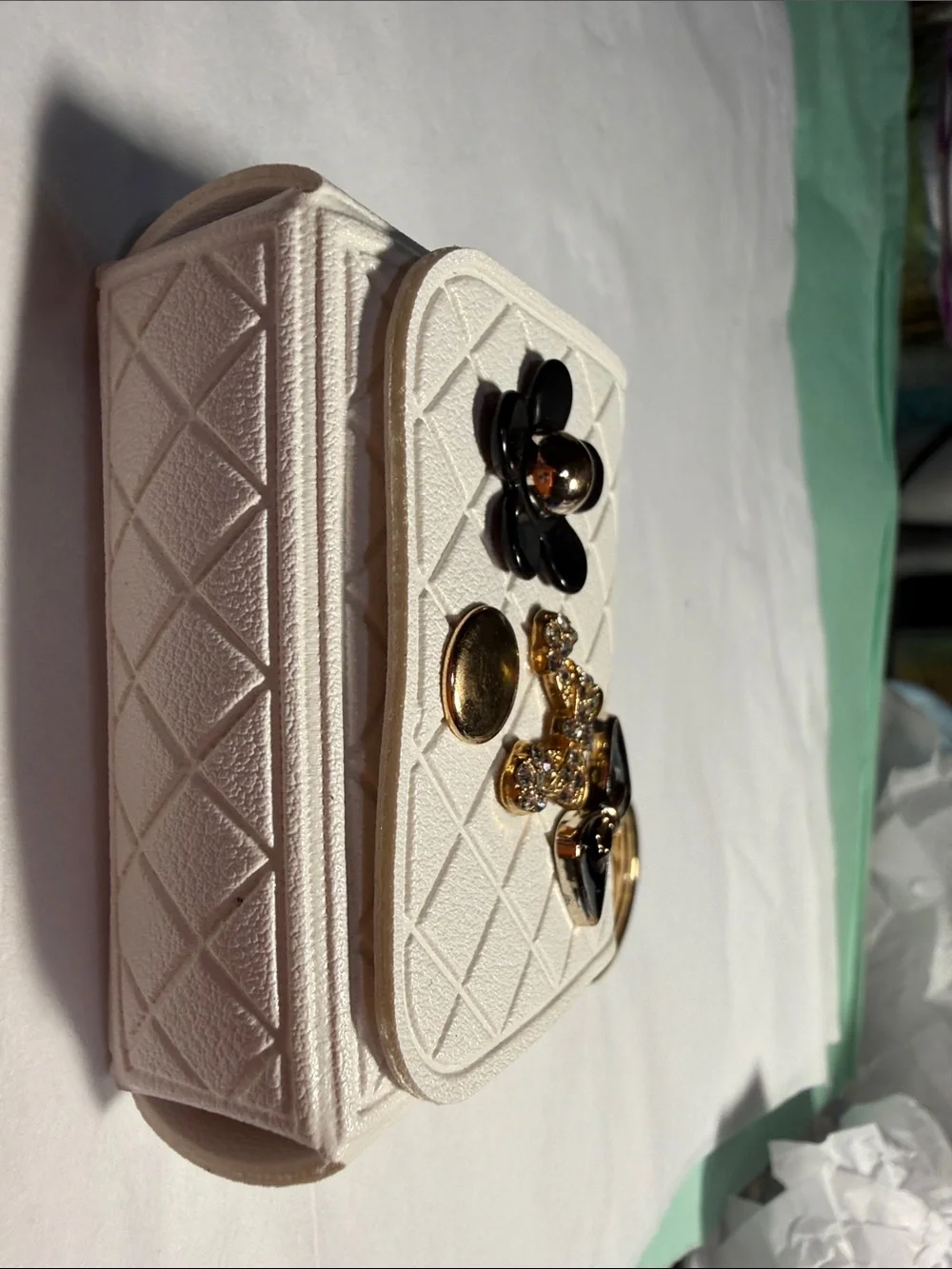 White Quilted Keychain & AirPod holder Gold Tone Hardware and Decorative Charms